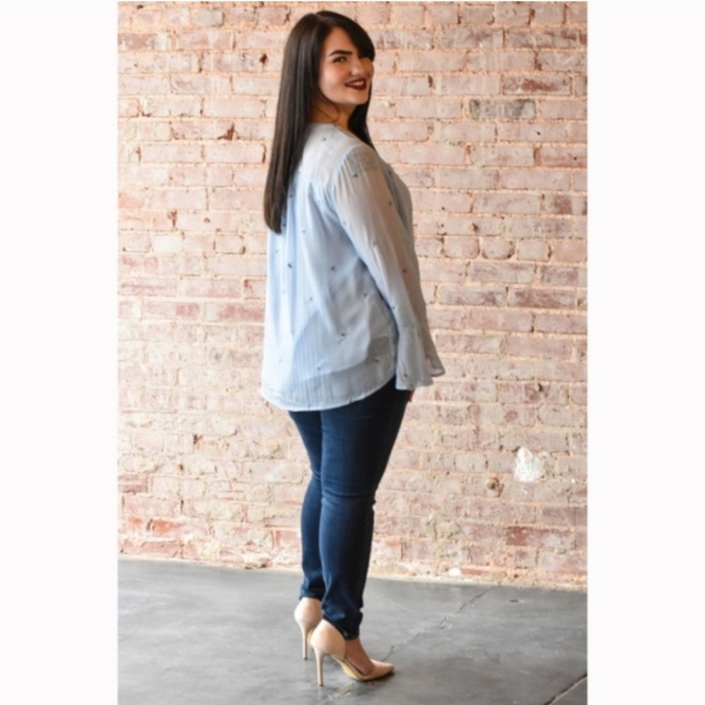 NWT Light Blue Tassel-Tie Peasant Blouse - Picture 2 of 3